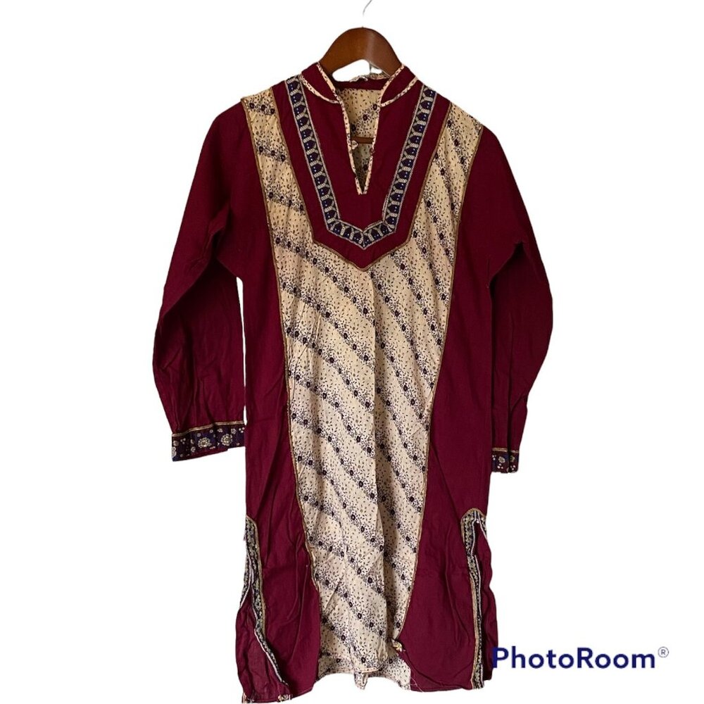 Women's M Maroon Long Sleeve Cotton Pakistani Indian Style Dress Punjabi Party - Picture 7 of 13